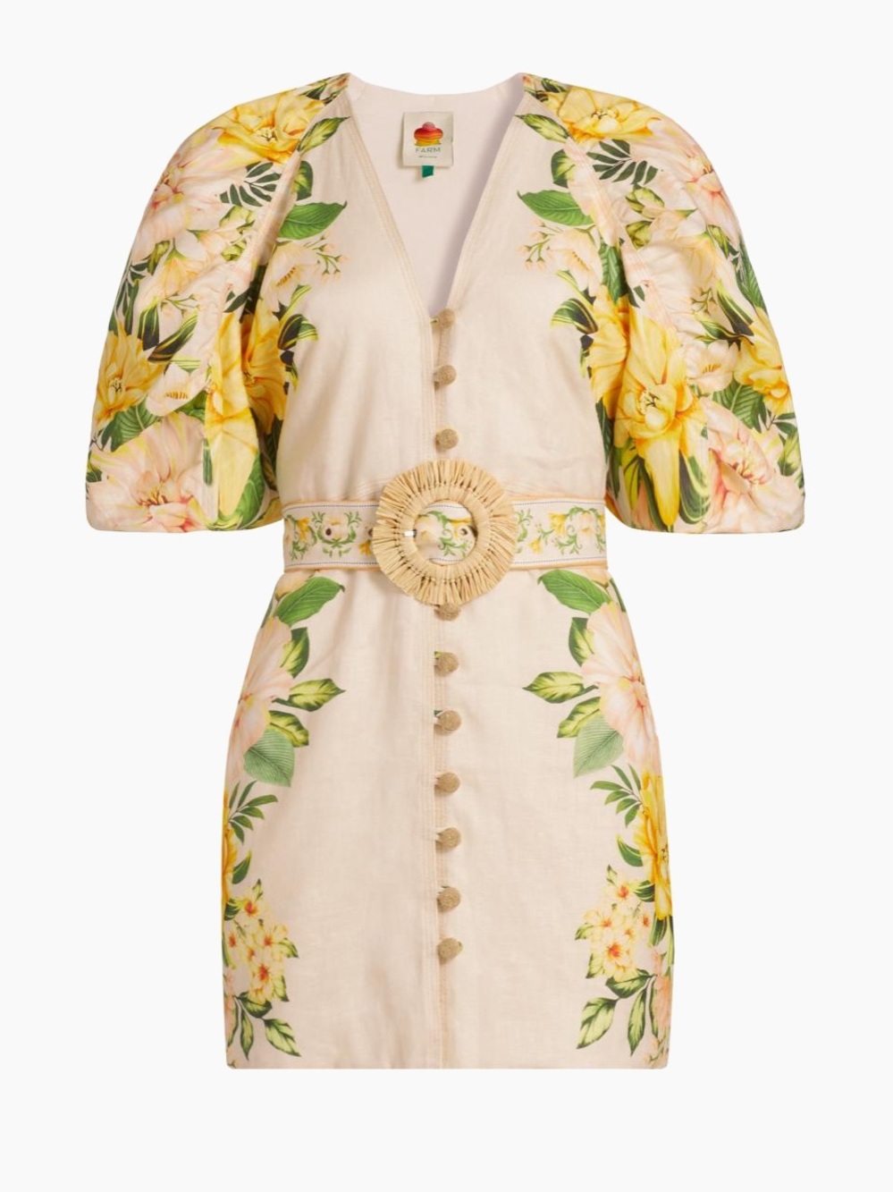 Farm Rio Floral Belted Linen Mini Dress in Cream and Yellow - xs